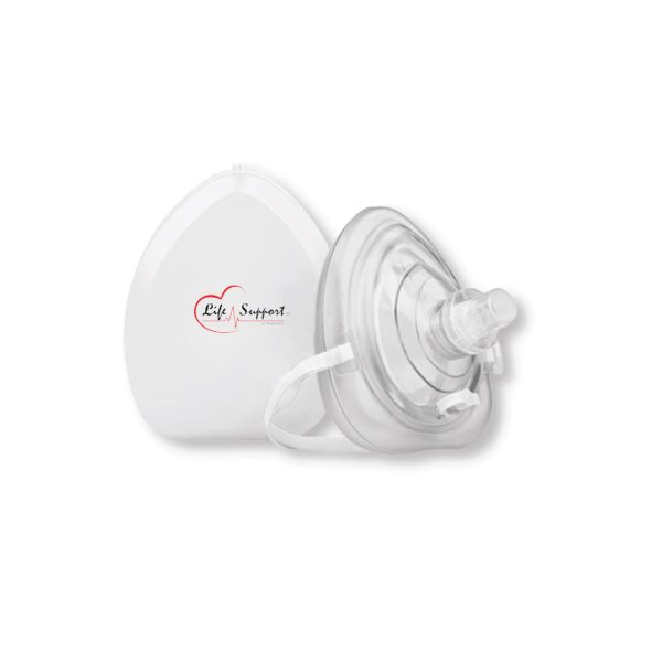 Compact CPR mask and face shield designed for safe mouth-to-mouth resuscitation, featuring a customizable fit and a one-way valve to prevent cross-contamination.